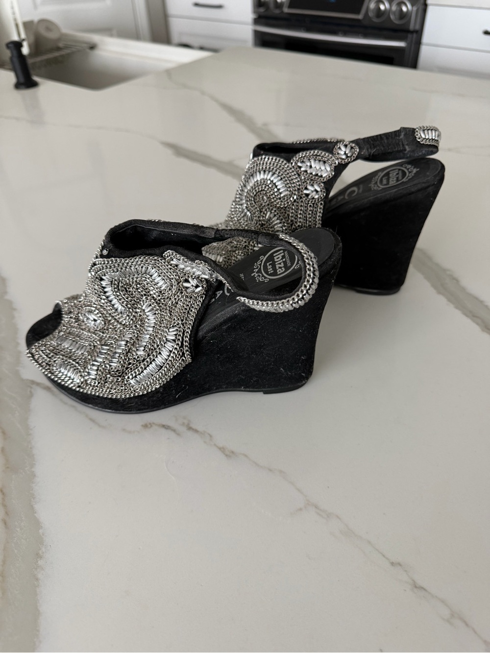 Jeffrey Campbell Black Wedge Sandals with Silver Beaded Detail